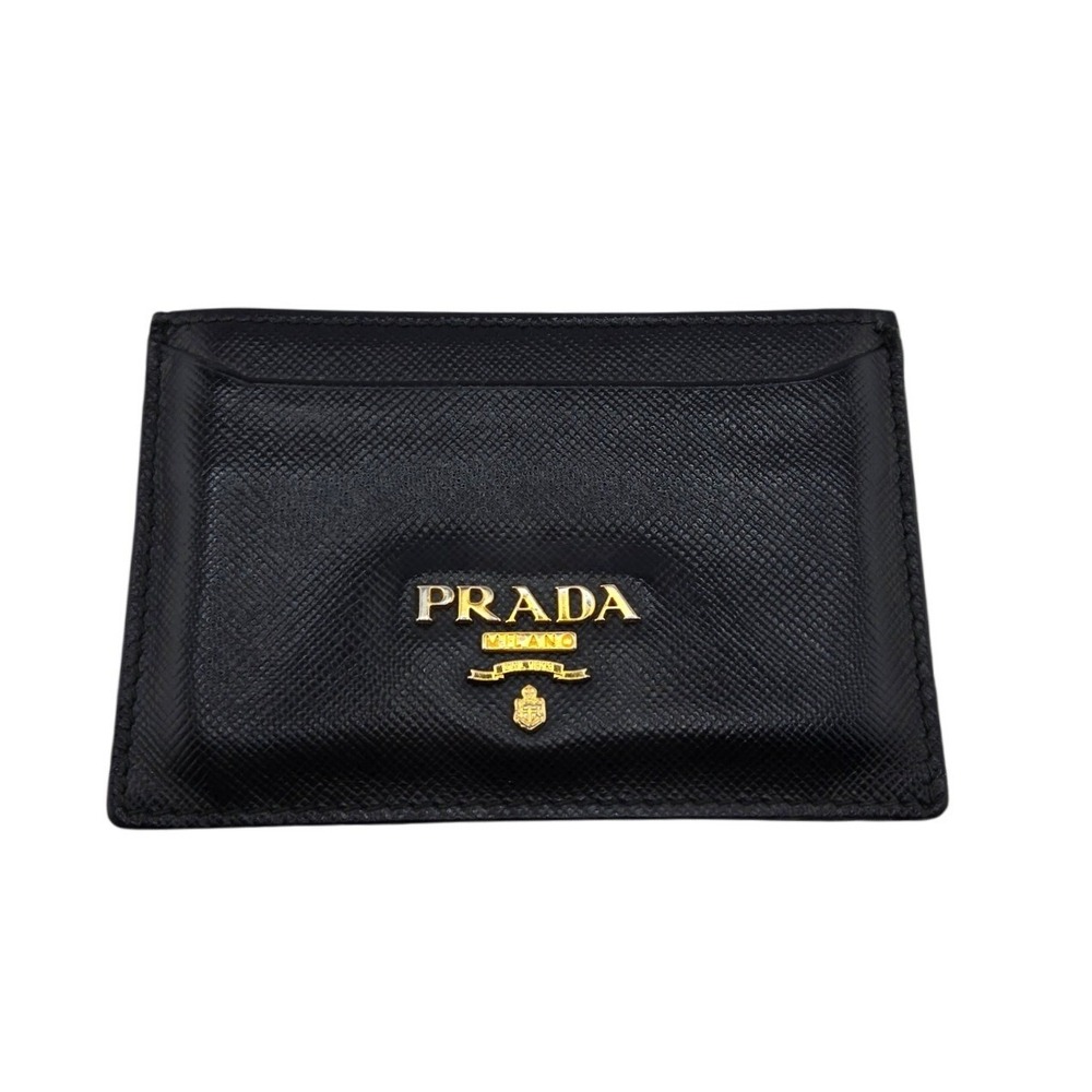 Prada Black Saffiano Leather Card Holder Gold Logo Wallet Made in Italy